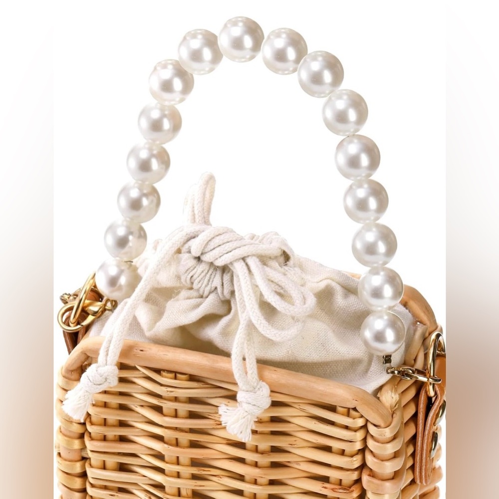 Woven Wicker Rattan Pearl Handle Clutch Bag Wedding Guest Beach Summer Boho - Picture 2 of 13
